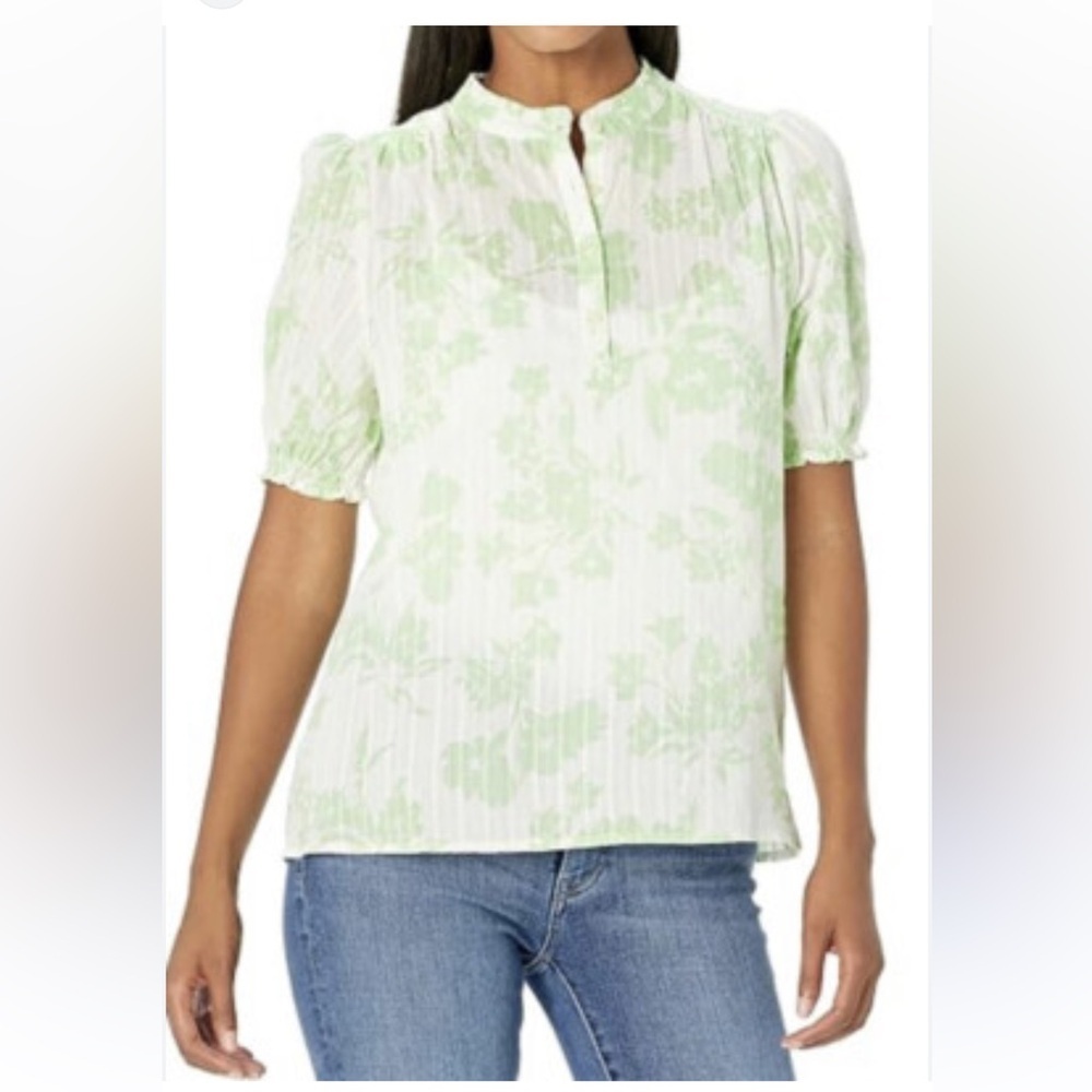 Lucky Brand Puff Sleeve Popover Blouse green multi-floral 100% cotton NWT size M - Picture 1 of 9